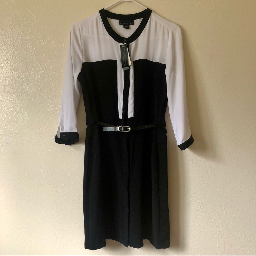 Attention Black and White Button Up Dress with Reversible Belt